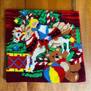 Vintage Handmade Needlepoint Christmas Toys Pillow Cover Red Velvet Small 9.5x10